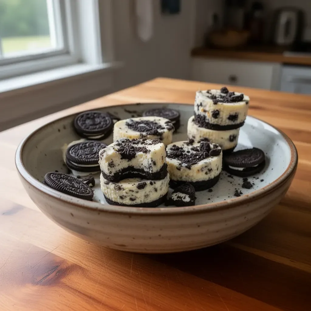 Oreo Cheesecake Bites arranged on a plate surrounded by crushed Oreos
