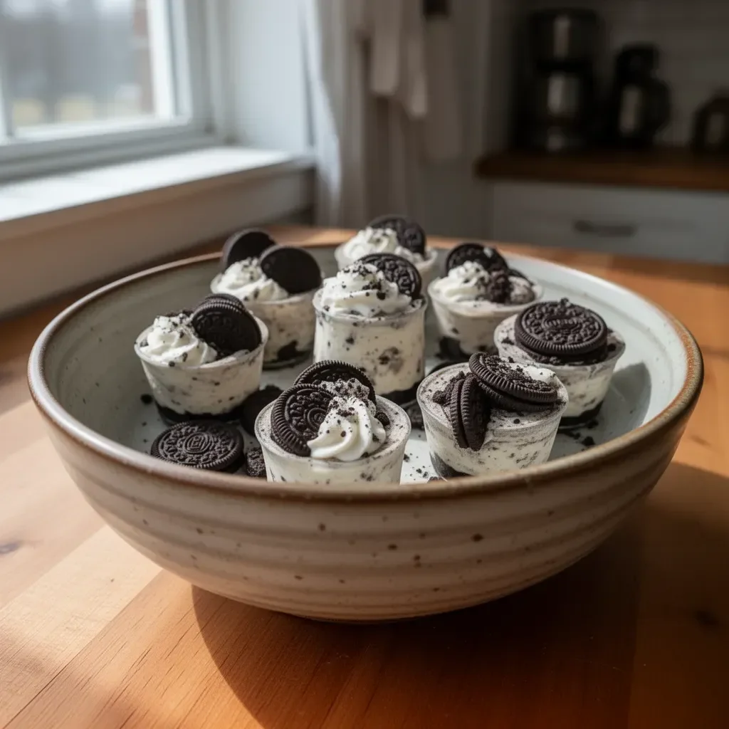 Delicious no-bake Oreo cheesecake cups topped with crushed Oreos