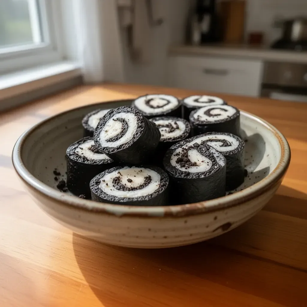 Delicious Oreo Sushi Rolls with creamy filling and chocolate cookies