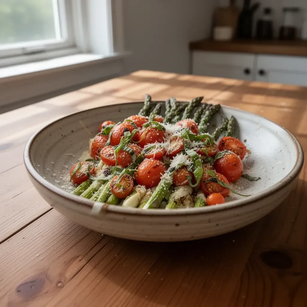 Plate of Parmesan Roasted Asparagus garnished with cheese and herbs