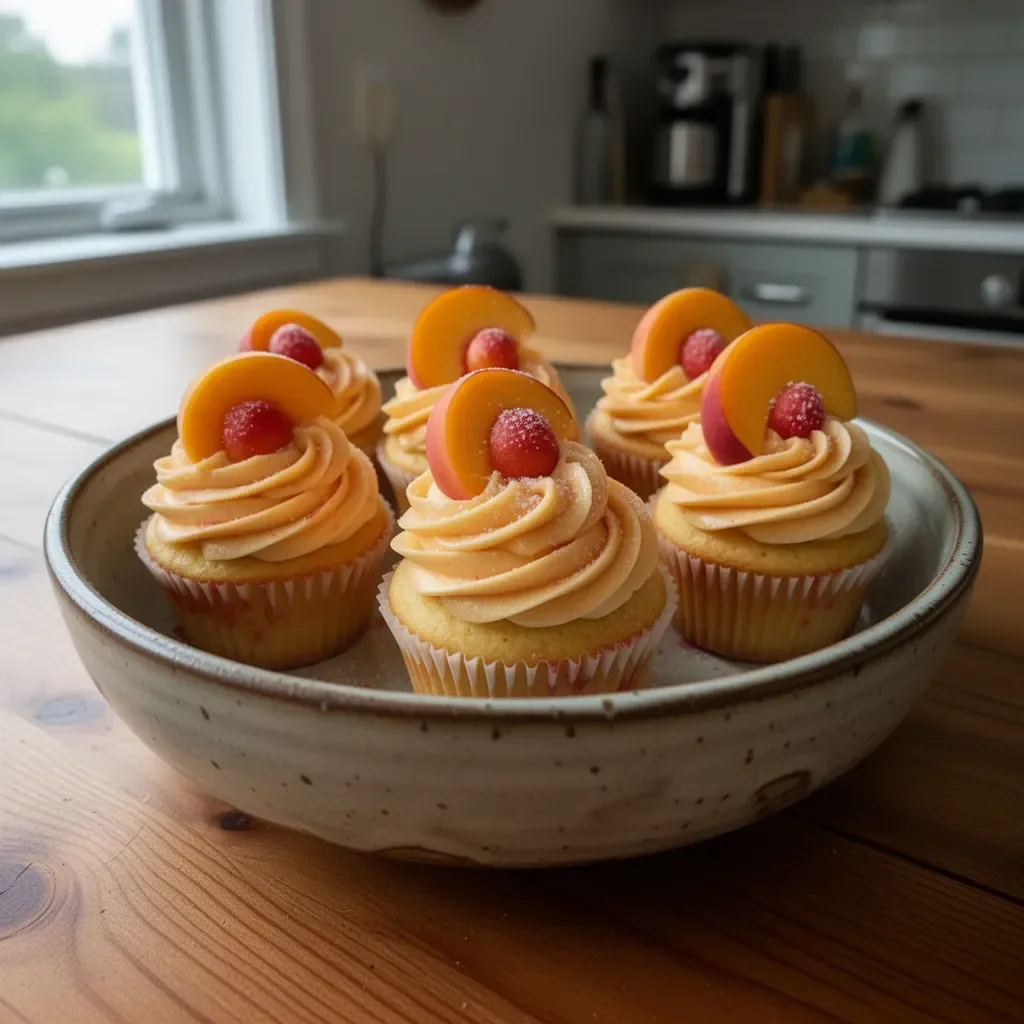 Peach Bellini Cupcakes topped with peach slices and champagne frosting