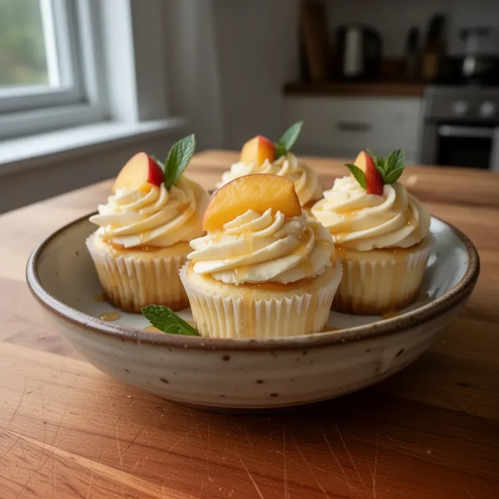 Peach & Honey Cheesecake Cupcakes displayed on a rustic wooden table