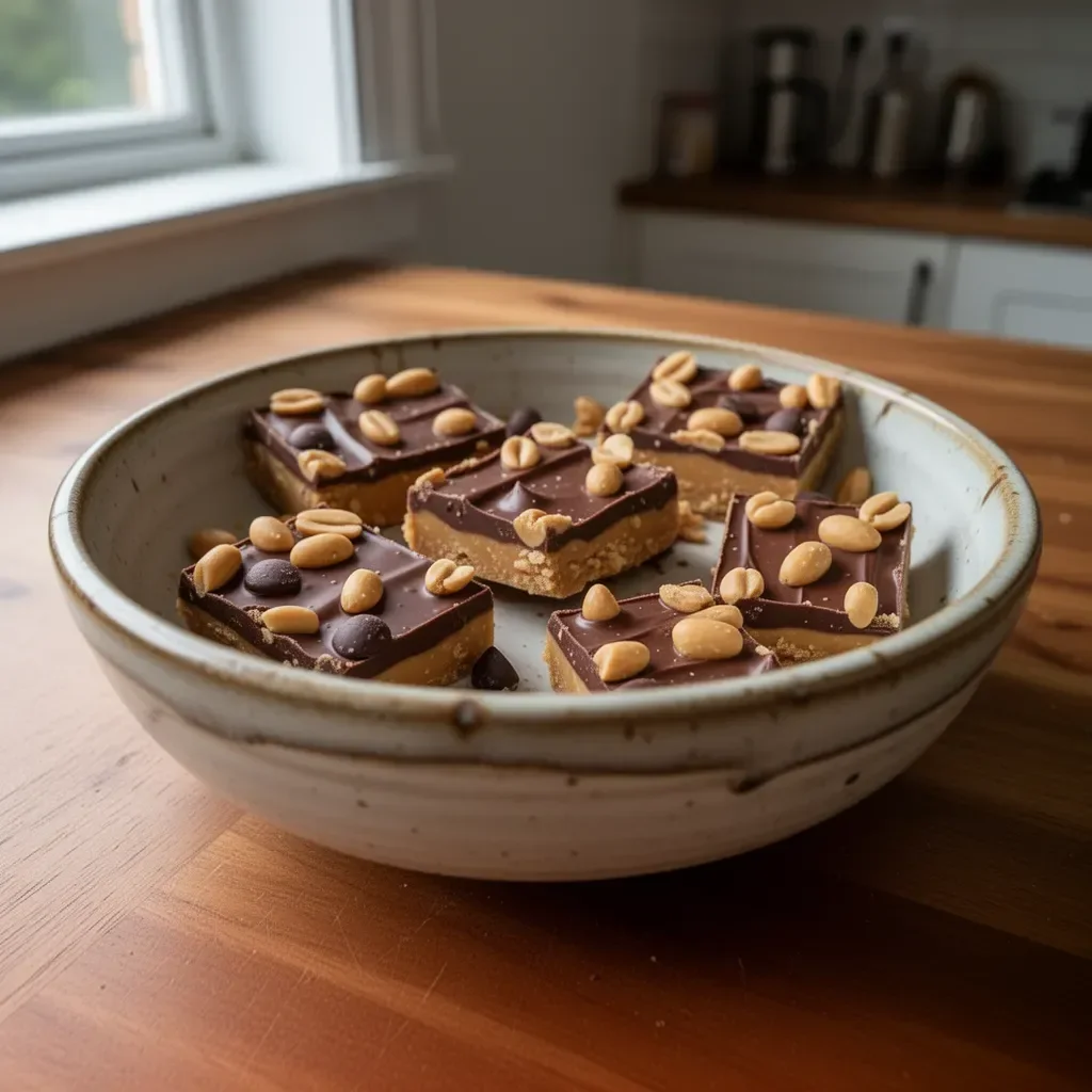 Homemade peanut butter chocolate bars stacked on a plate