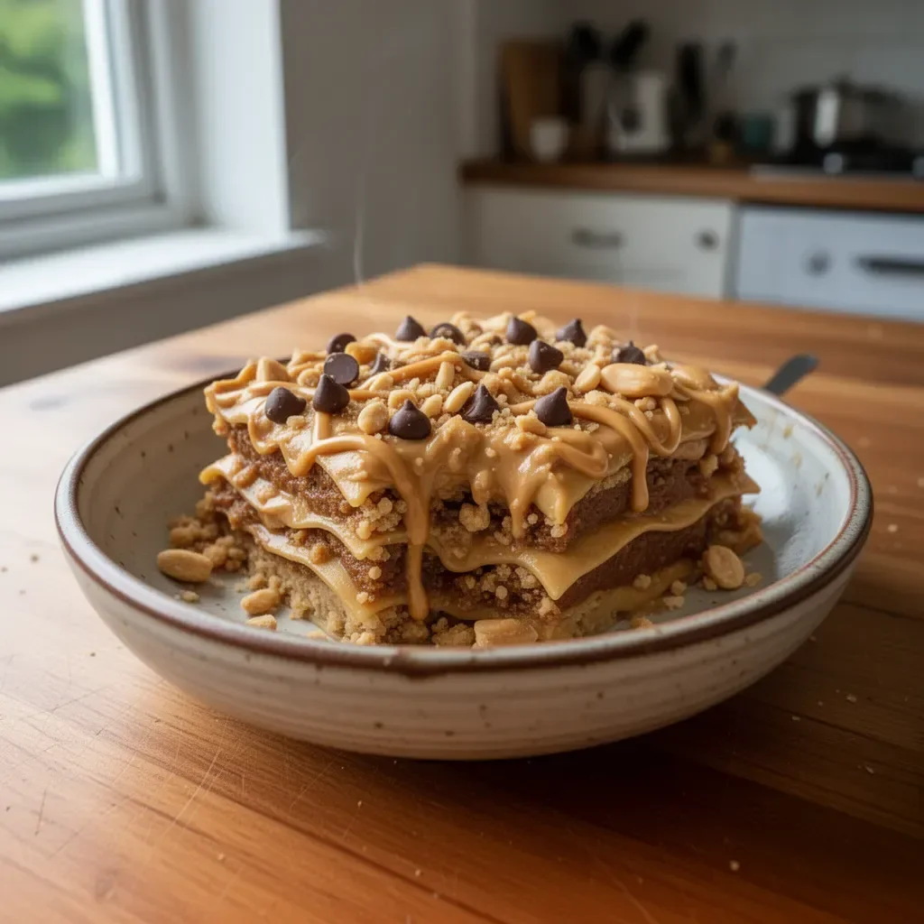 Slice of peanut butter lasagna with creamy layers and chocolate drizzle