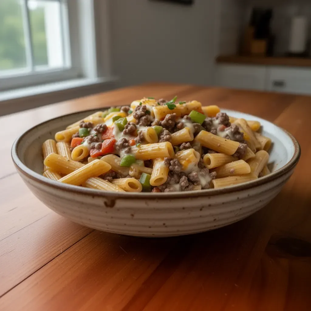 Delicious Philly Cheesesteak Pasta topped with cheese and peppers