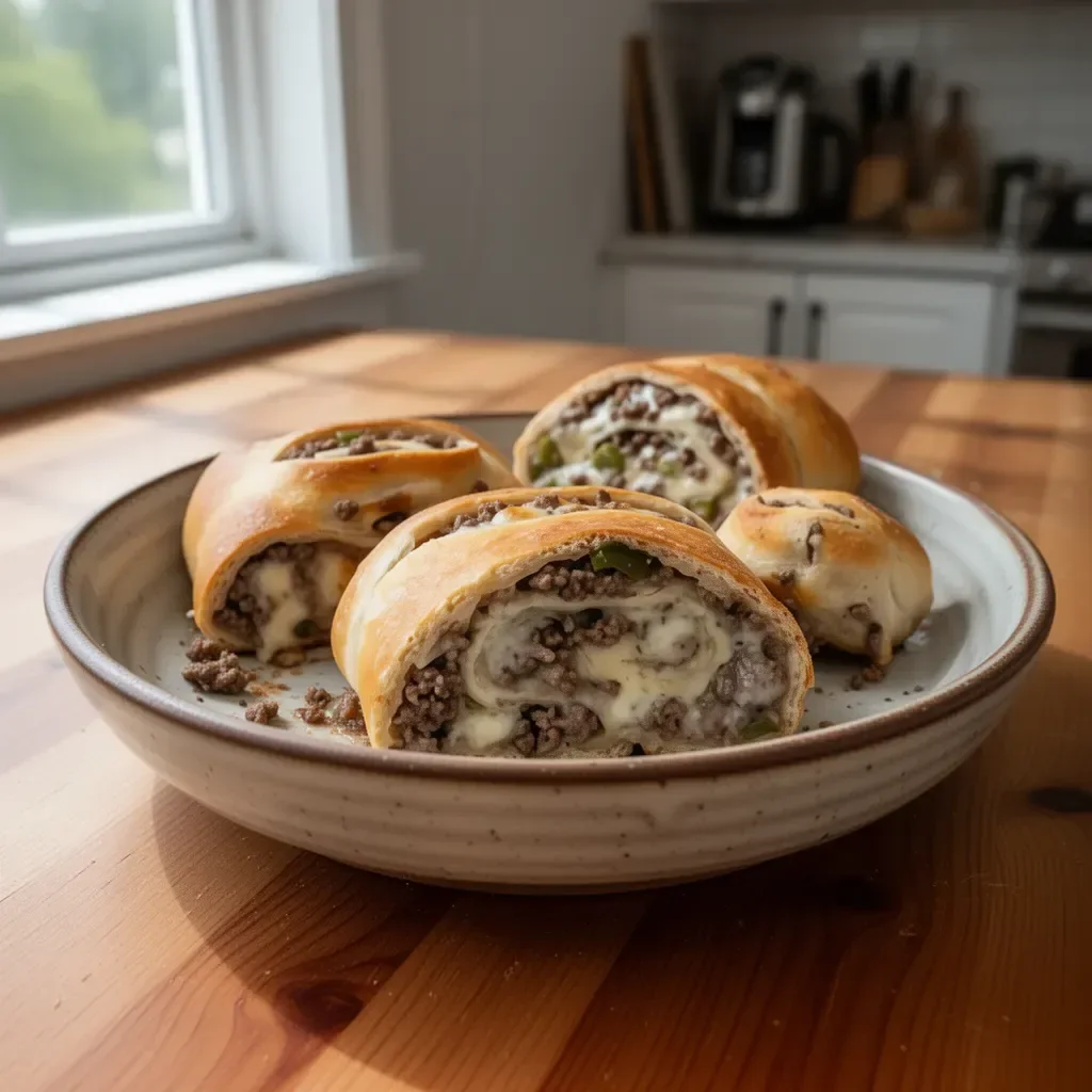 Delicious Philly Cheesesteak Stromboli served on a wooden platter