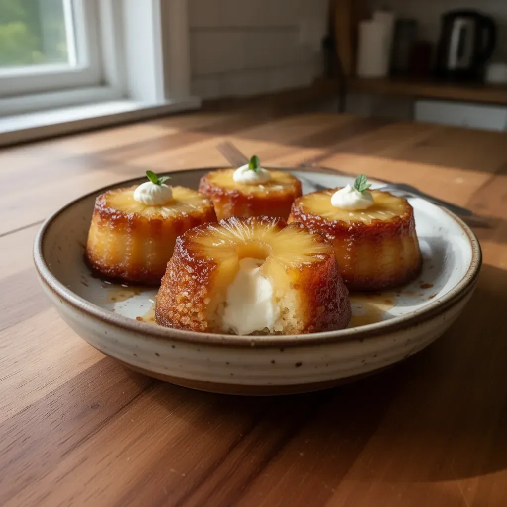 Pineapple Mascarpone Upside-Down Mini Cakes displayed on a dessert plate