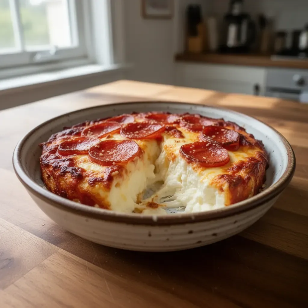 Delicious Pizza Cottage Cheese Bake topped with fresh ingredients.