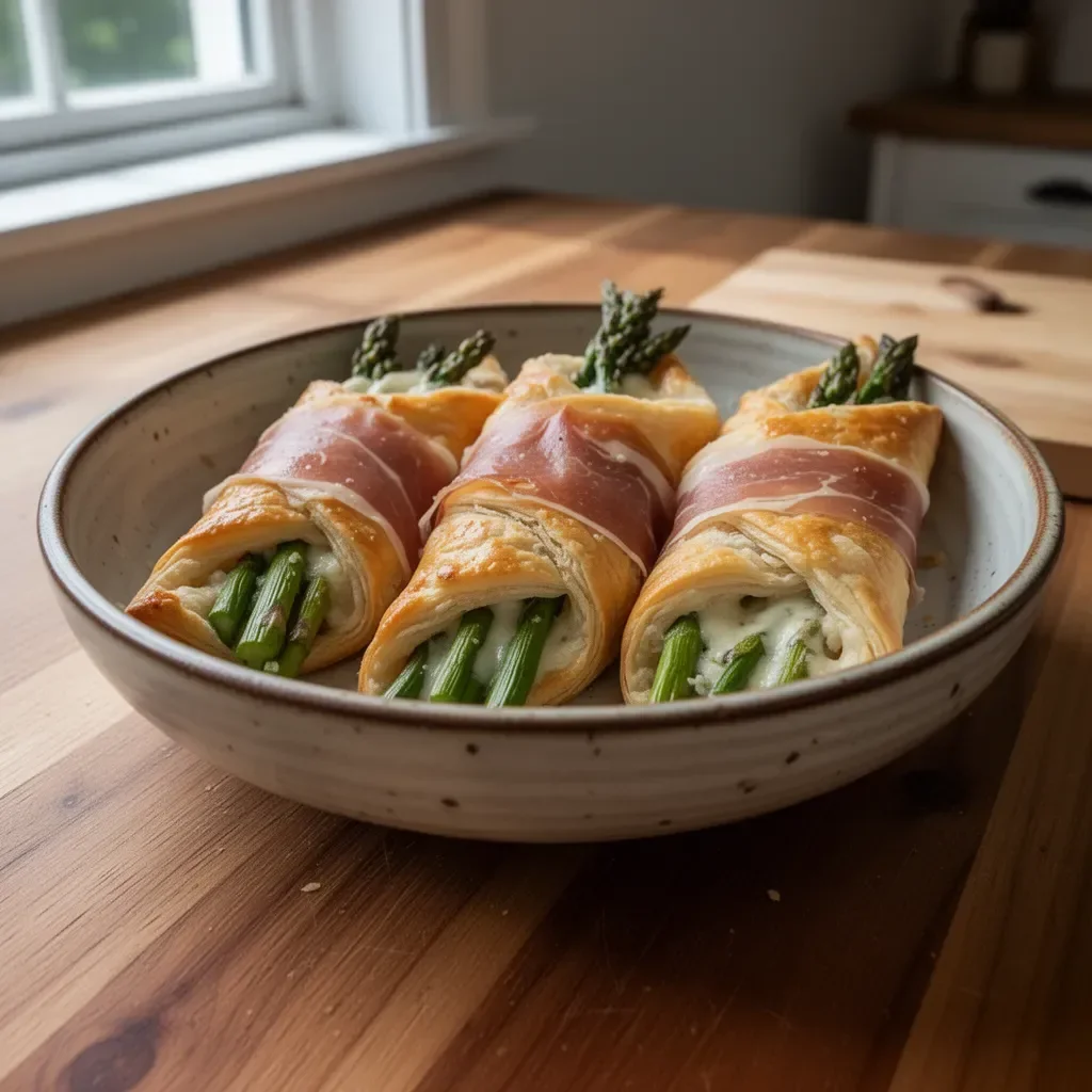 Prosciutto asparagus puff pastry bundles on a plate, garnished and ready to serve.