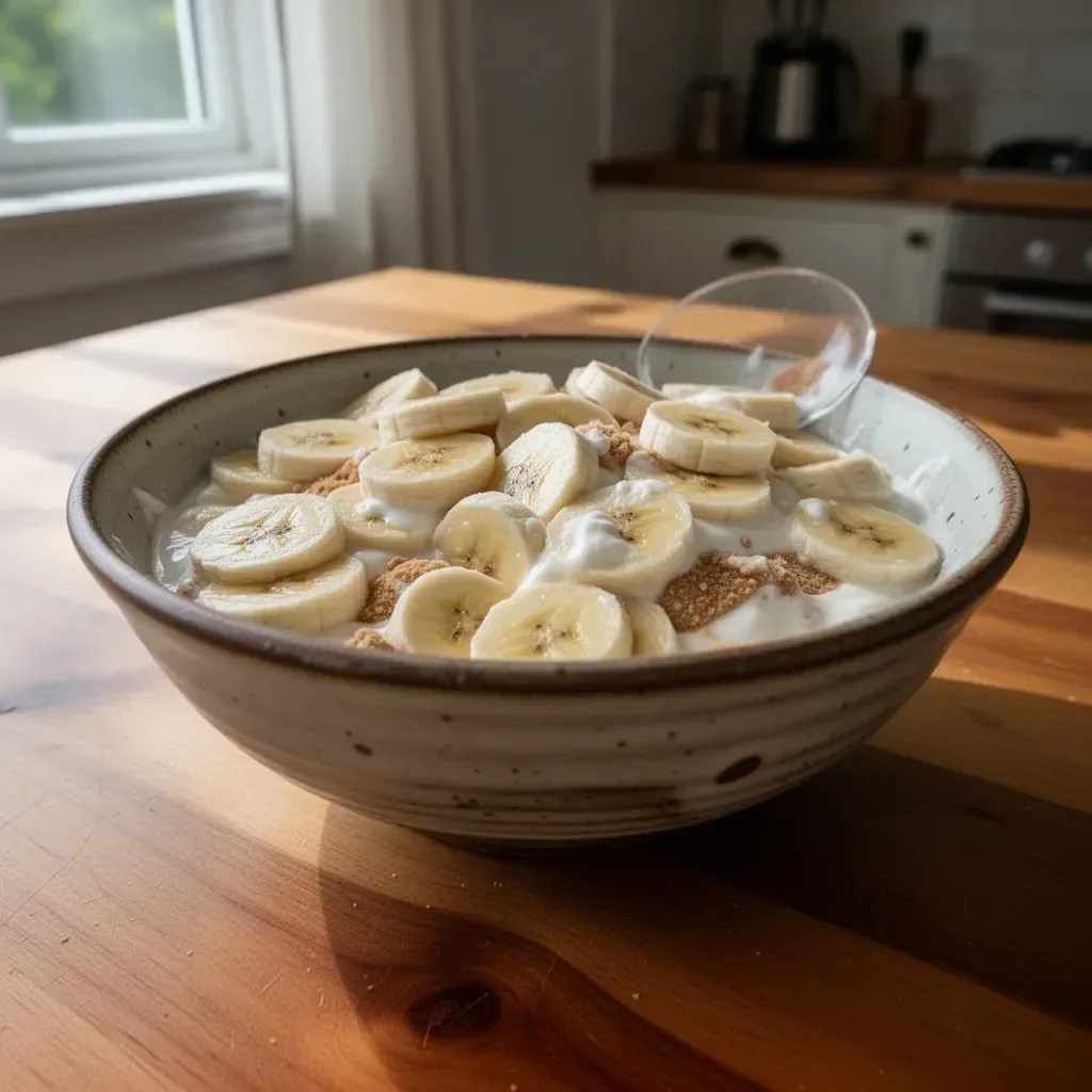 Delicious and healthy protein banana pudding topped with bananas and whipped cream.