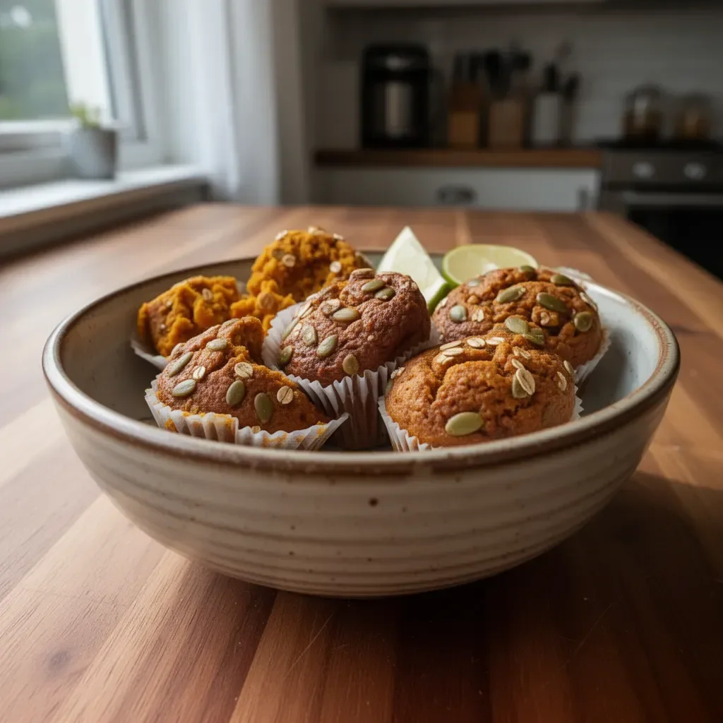 Pumpkin and oat muffins topped with nuts on a wooden table