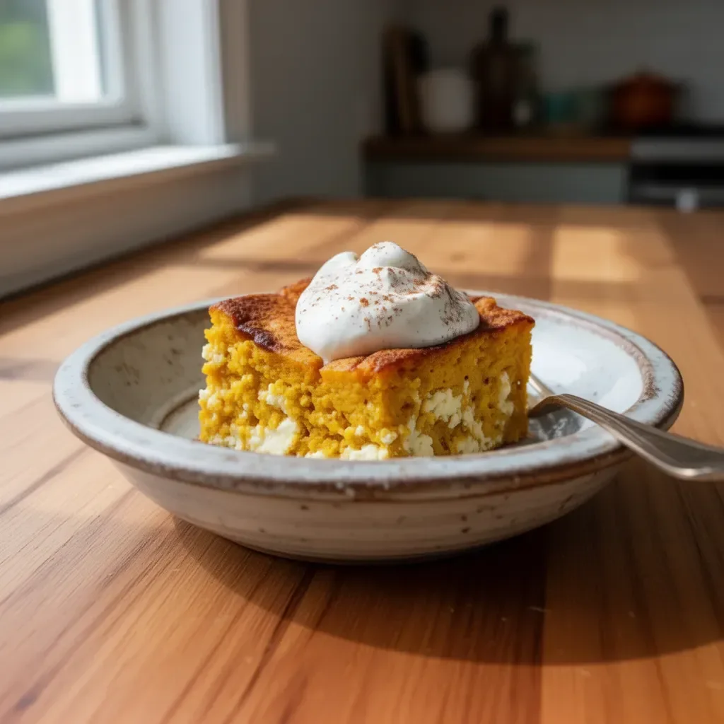 Delicious Pumpkin Cottage Cheese Bake topped with spices in a serving dish