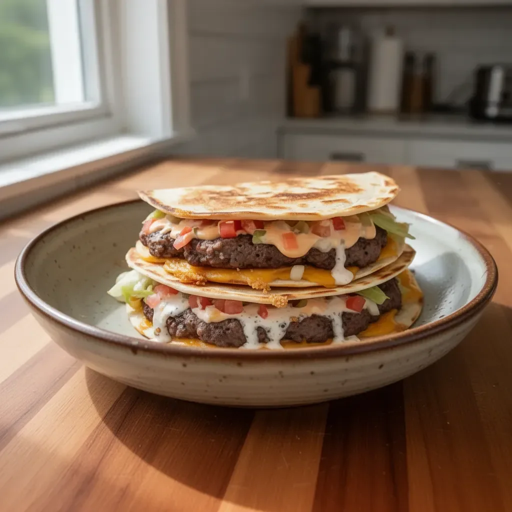 Delicious quesadilla burger with melted cheese and crispy tortillas