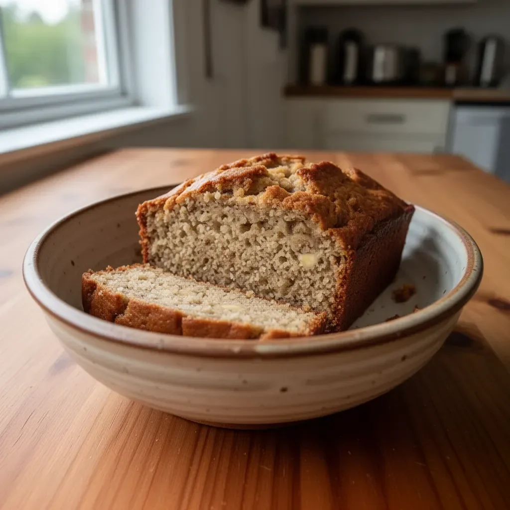 Delicious slice of quick low calorie banana bread on a plate