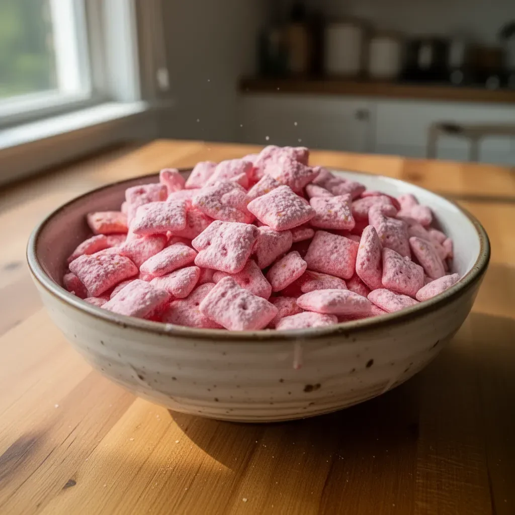 Delicious quick strawberry shortcake puppy chow served in a bowl.