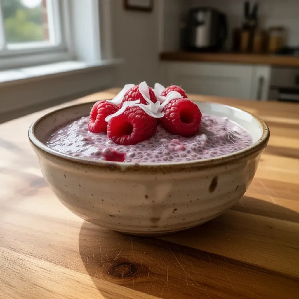 Delicious Raspberry Chia Pudding topped with fresh raspberries
