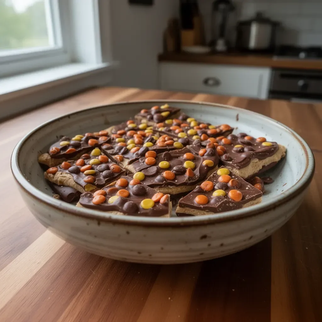 Homemade Reese's Bark featuring chocolate and peanut butter layers