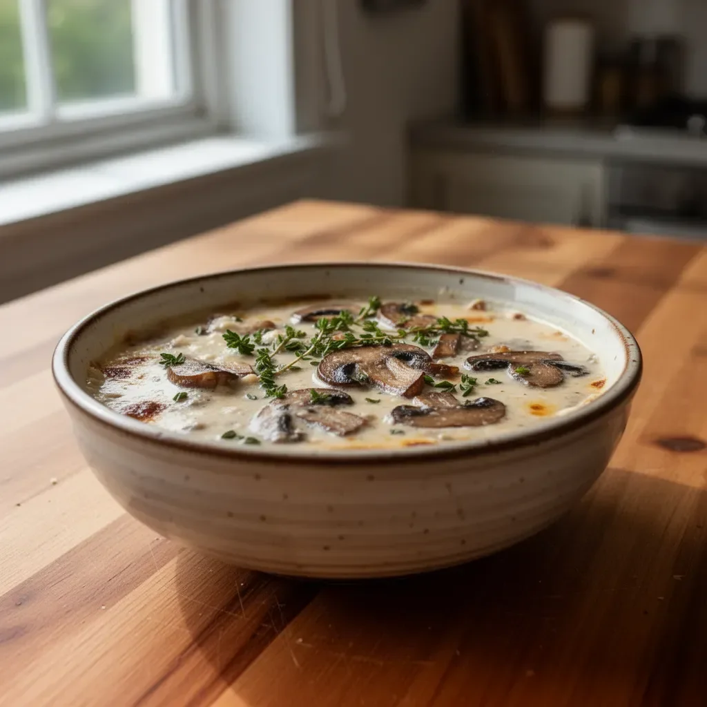 Bowl of rich and creamy mushroom soup topped with herbs and fresh mushrooms