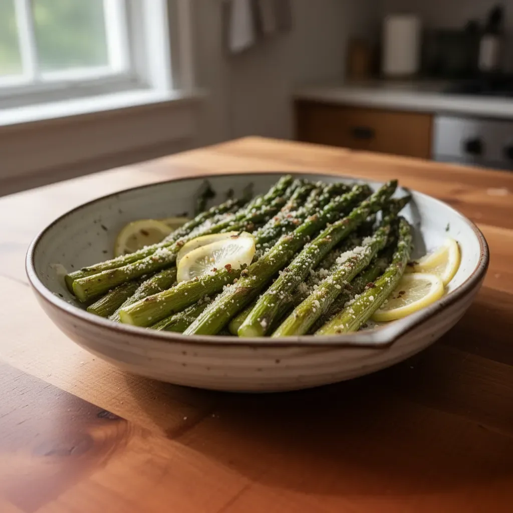 Roasted Parmesan Asparagus topped with grated cheese and spices