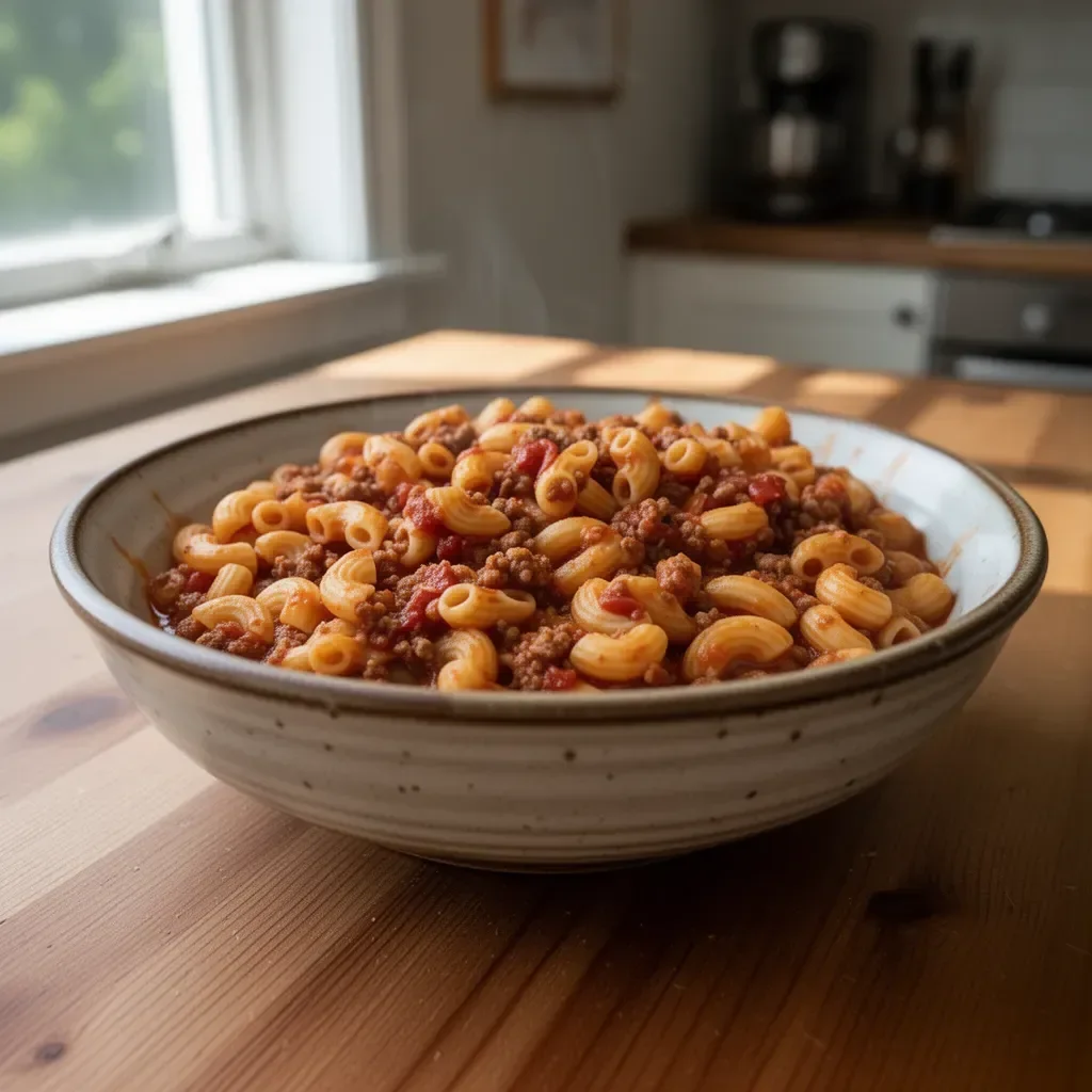 Bowl of simple old fashioned goulash with pasta and beef