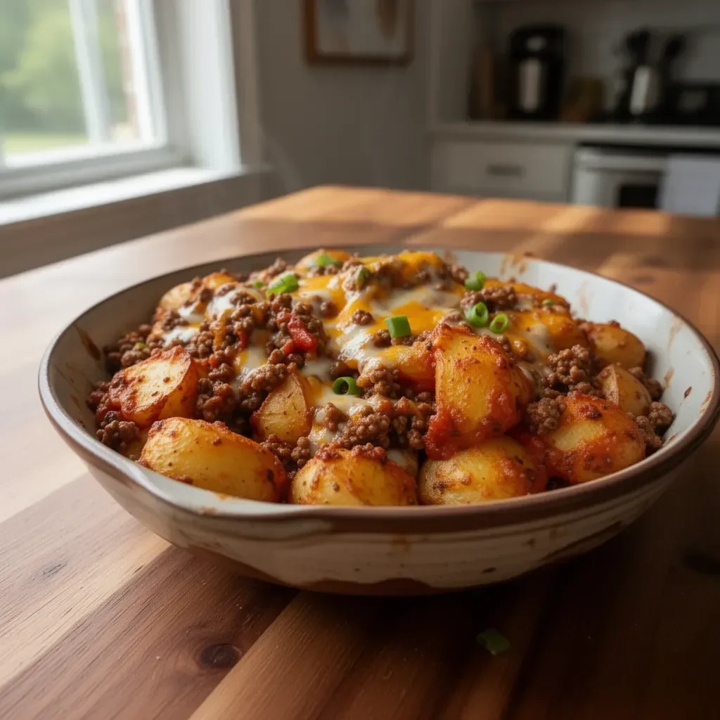 Sloppy Joe Potato Skillet served in a colorful dish with toppings.