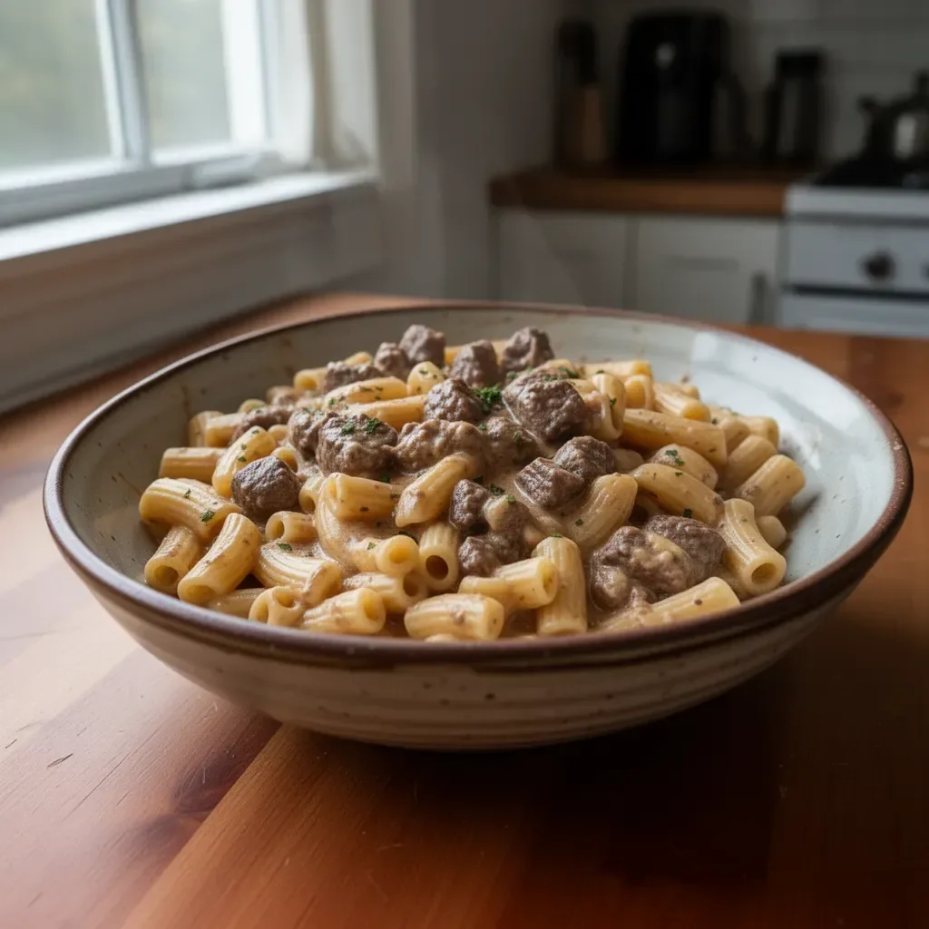 Slow cooker creamy garlic beef pasta dish garnished with herbs