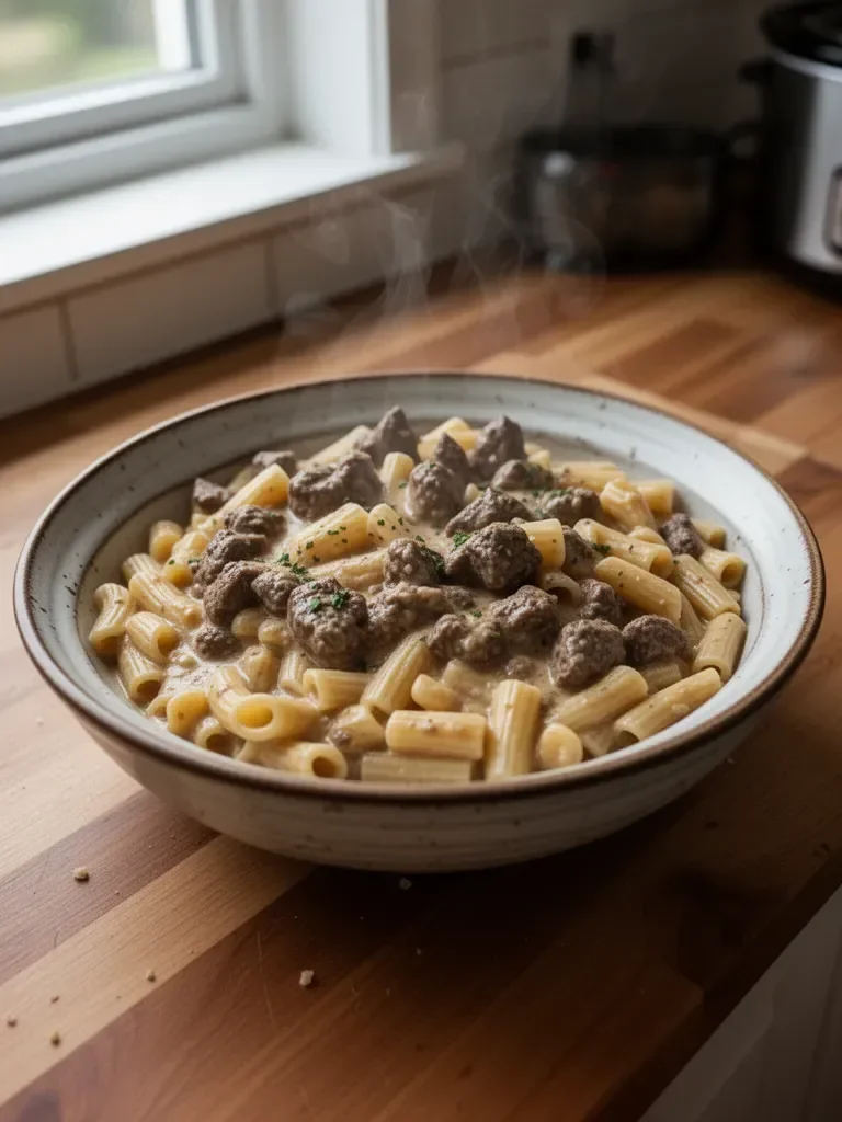 Slow Cooker Creamy Garlic Beef Pasta