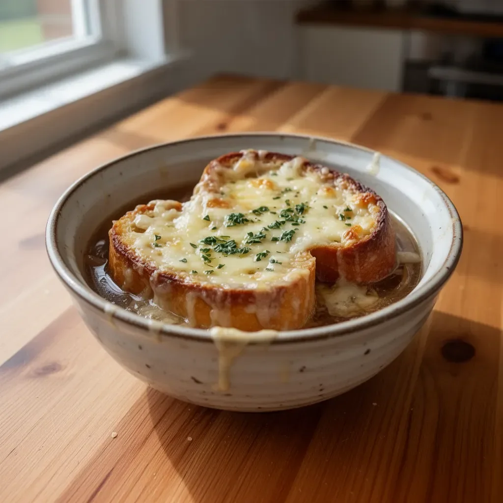 Delicious Slow Cooker French Onion Soup garnished with melted cheese