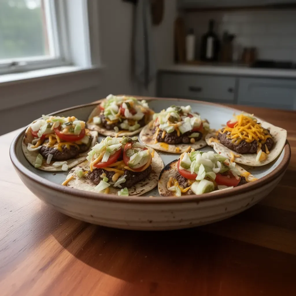 Smashed cheeseburger tacos topped with cheese and lettuce in soft tortillas.