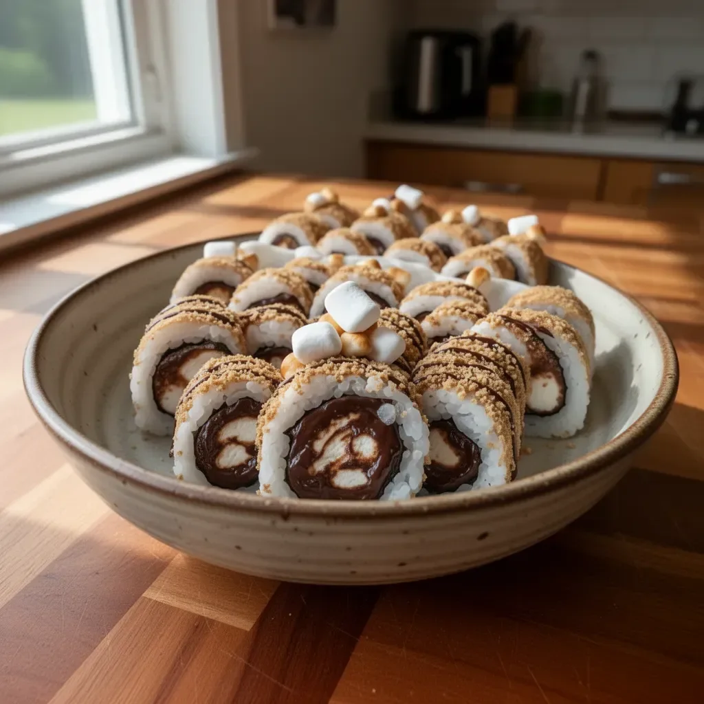 Delicious S'mores Sushi Rolls with chocolate and marshmallow filling