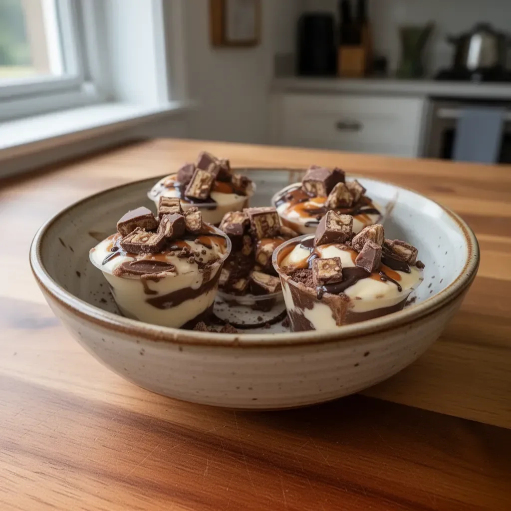 Delicious Snickers Dessert Cups topped with chocolate, caramel, and peanuts