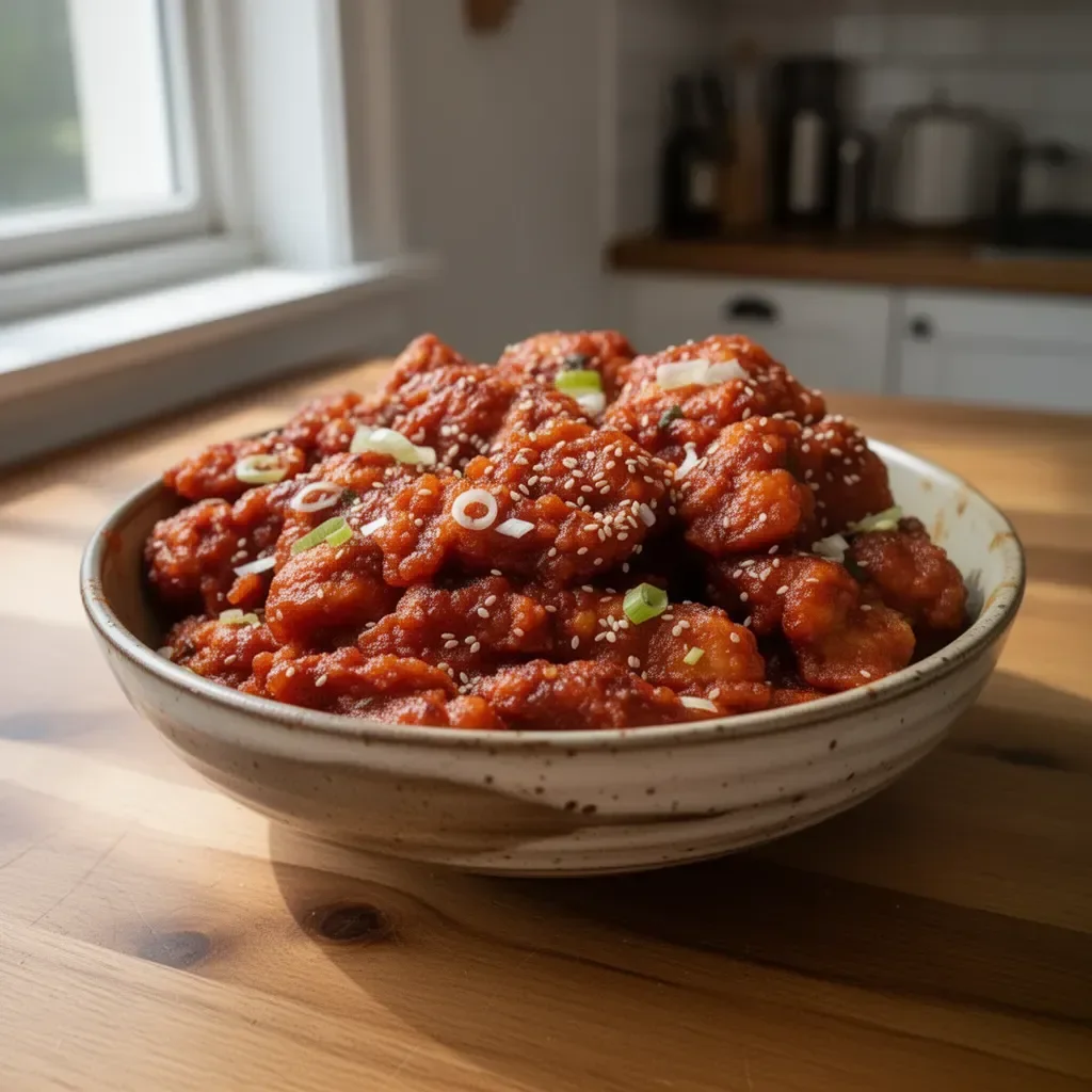 Plate of spicy Korean fried chicken drizzled with sauce and garnished with herbs.