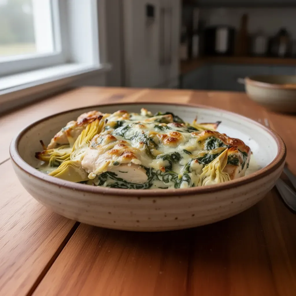 Creamy Spinach Artichoke Chicken served on a plate with garnishes
