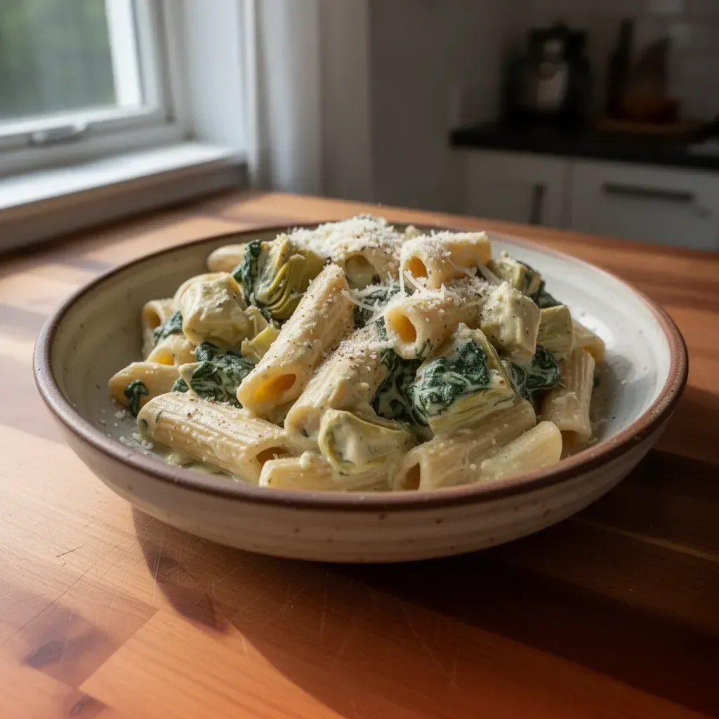 Delicious Spinach Artichoke Pasta dish served in a bowl with fresh herbs.