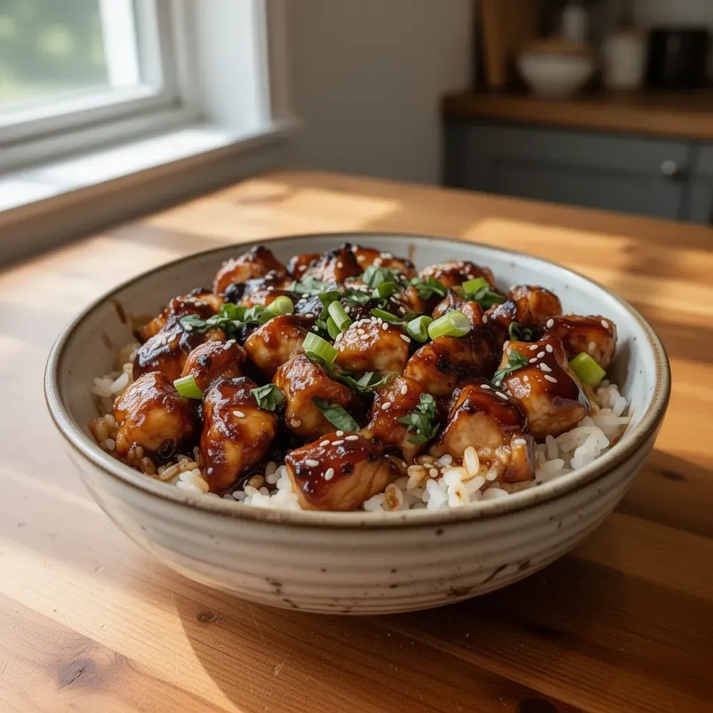 Sticky chicken rice bowls garnished with fresh herbs and vegetables