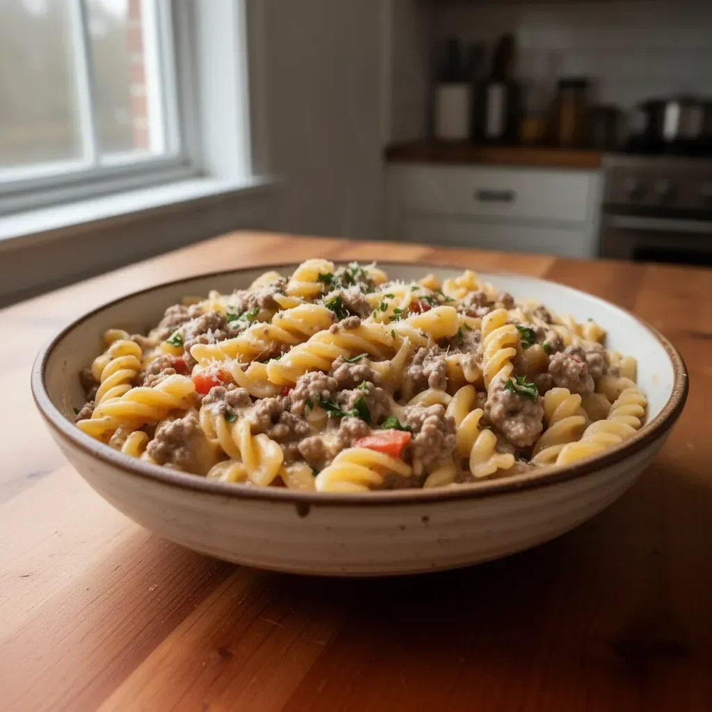 Stovetop creamy ground beef pasta on a white plate garnished with parsley