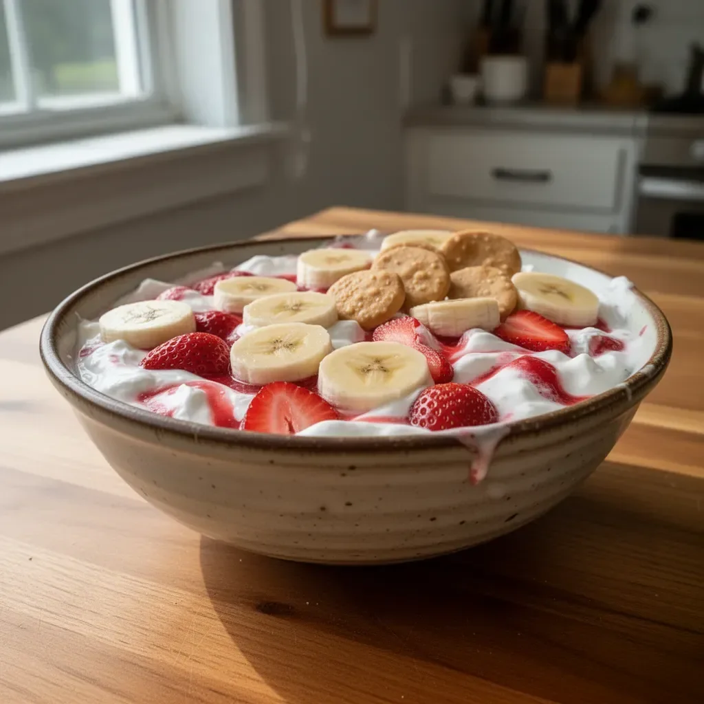 Delicious strawberry banana pudding served in a glass bowl with fresh fruit garnish