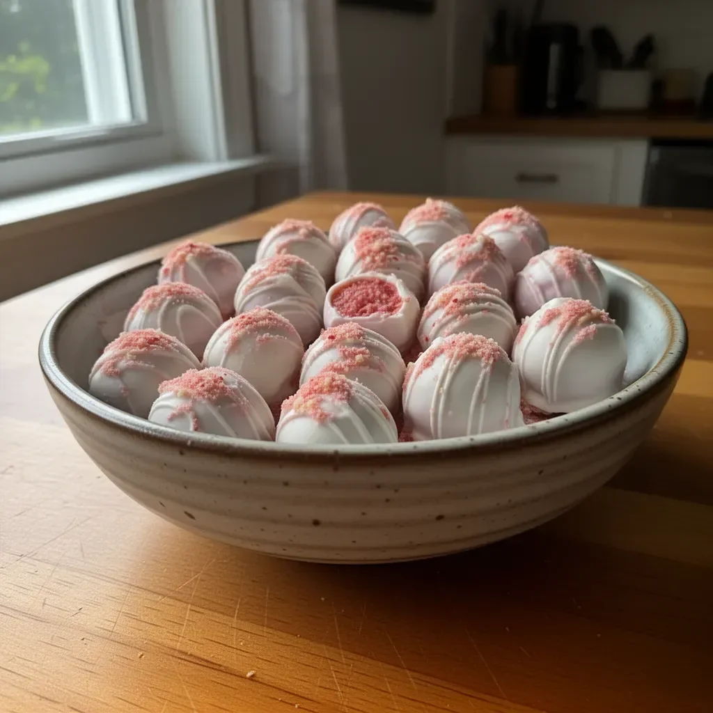 Homemade strawberry cheesecake Oreo truffles ready to enjoy