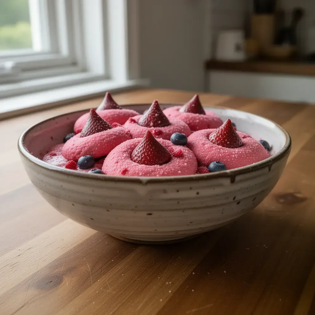 Delicious strawberry kiss cookies topped with chocolate and fresh strawberries