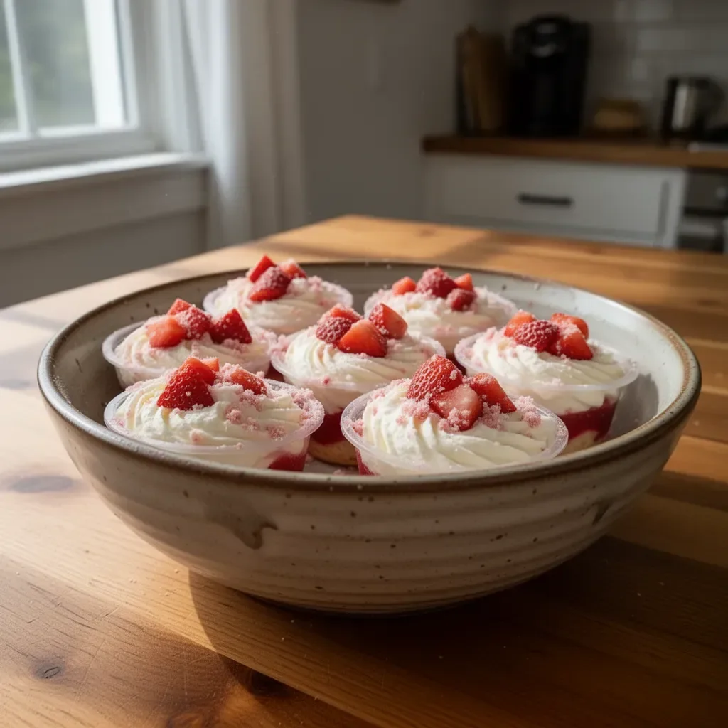 Strawberry shortcake dessert cups topped with fresh strawberries and whipped cream