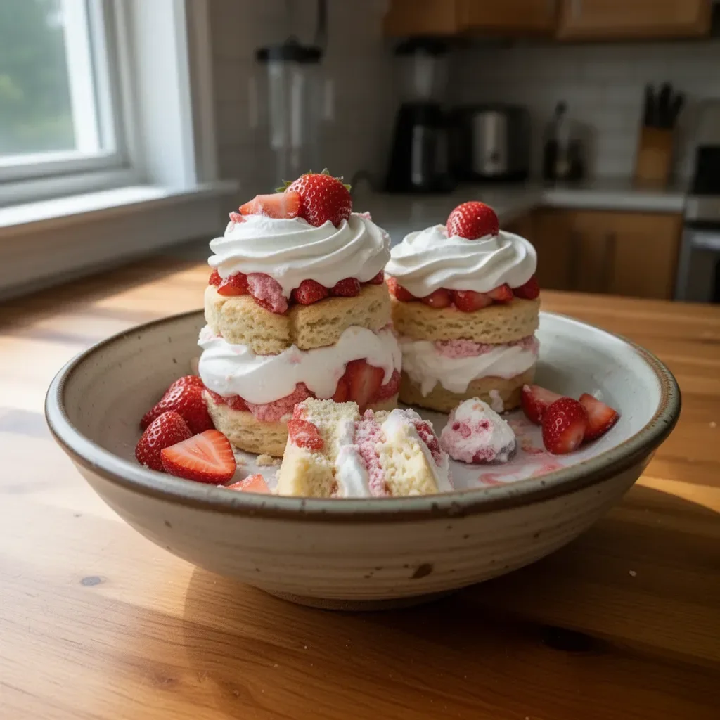 Delicious strawberry shortcake trifles layered with strawberries and cream.