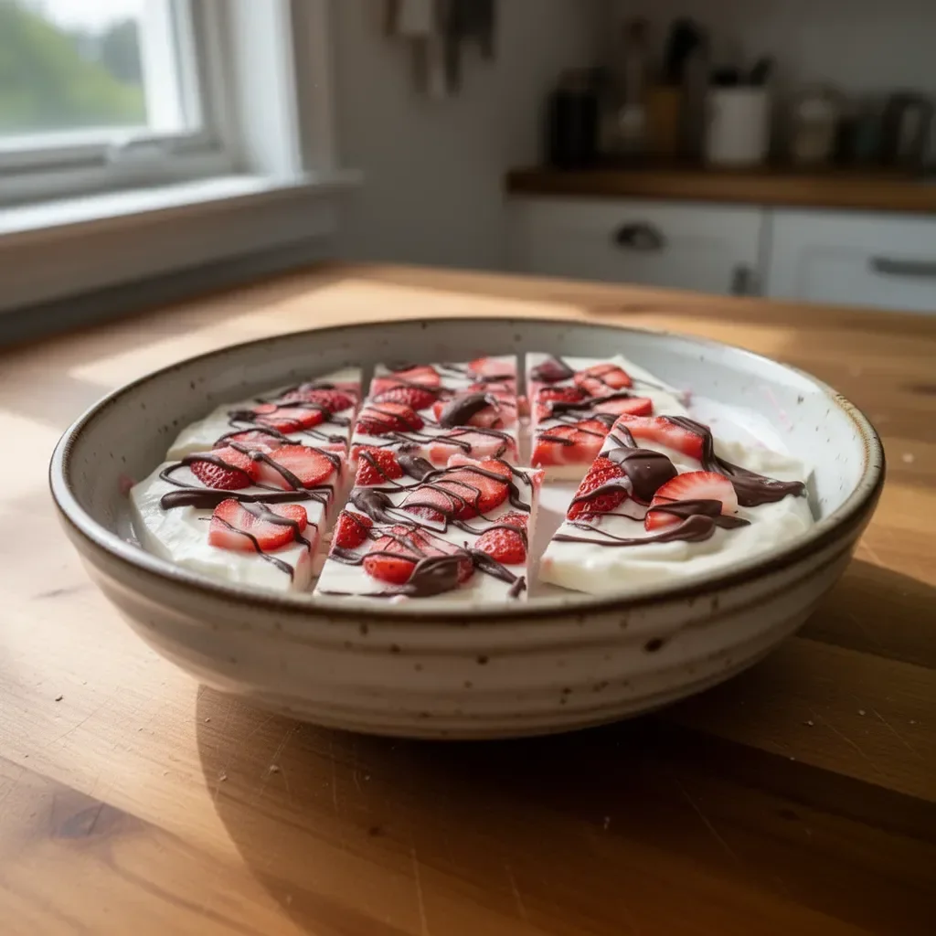 Frozen Strawberry Yogurt Bark topped with fresh strawberries and nuts