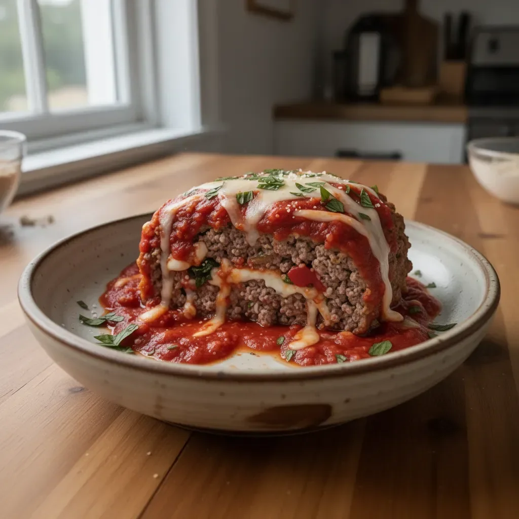 Savory stuffed Italian meatloaf served on a plate with herbs and tomatoes