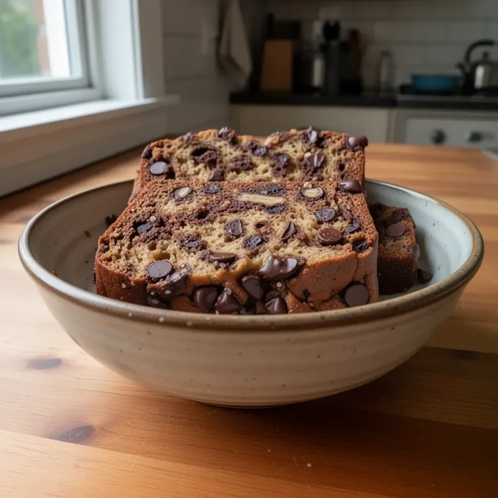 Slice of super moist chocolate chip banana bread with chocolate chunks and bananas