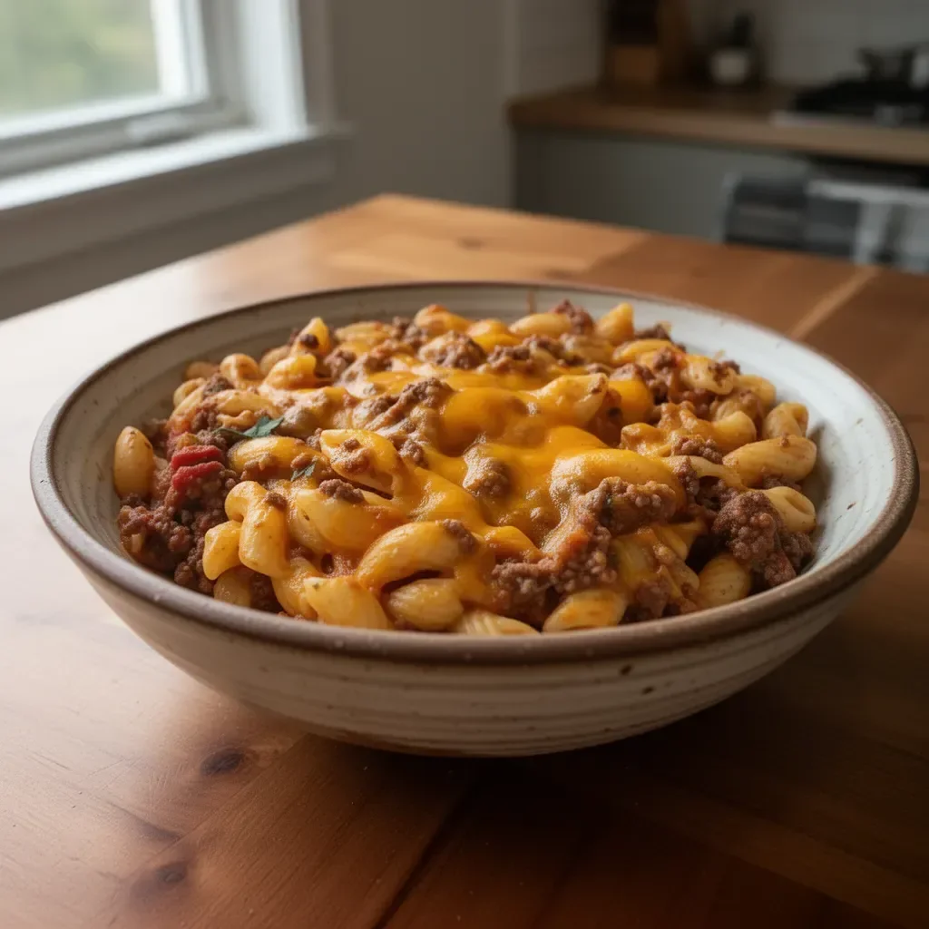 Taco Pasta Casserole served in a colorful dish, garnished with fresh herbs.