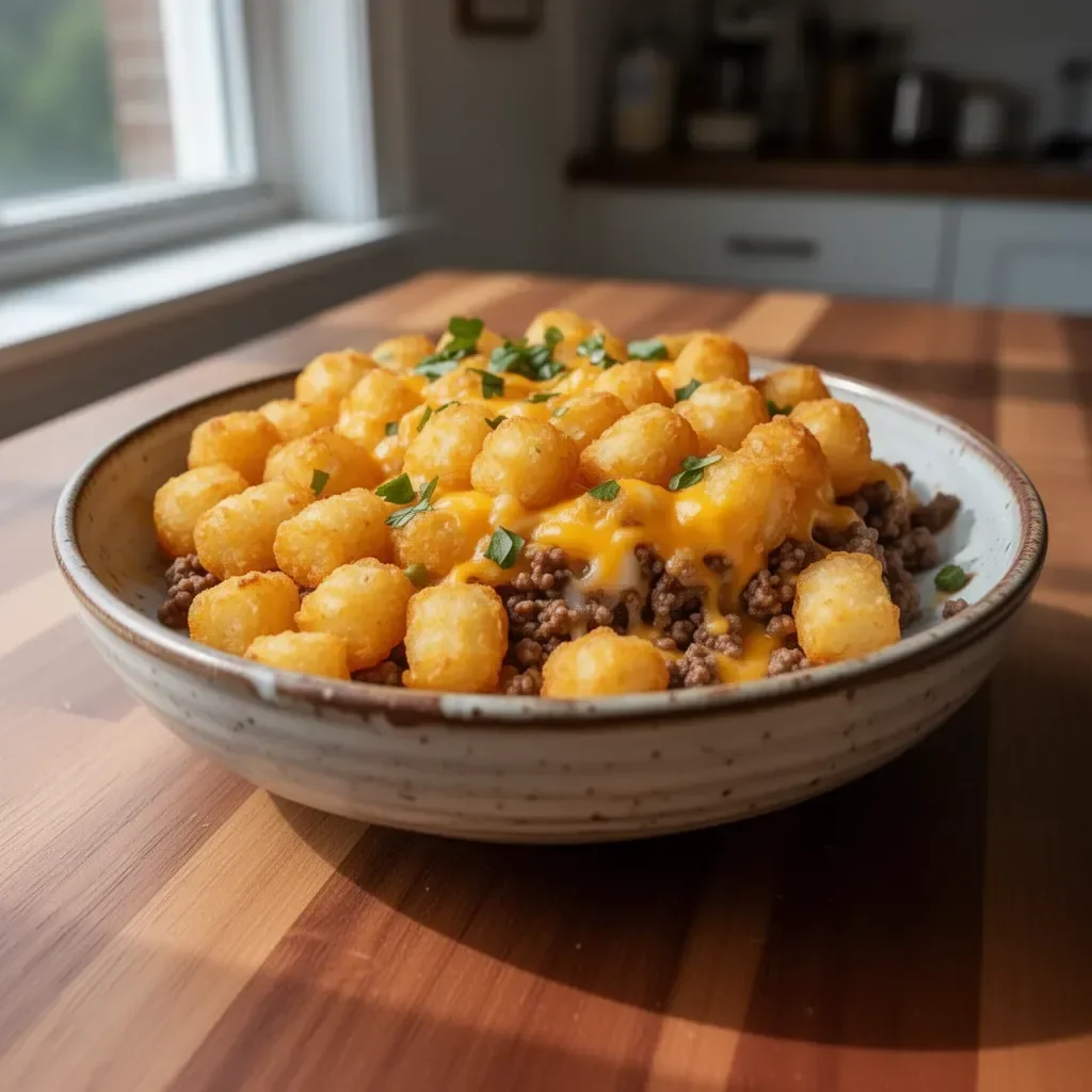 Tater tot casserole with ground beef and cheese topped with crispy tater tots
