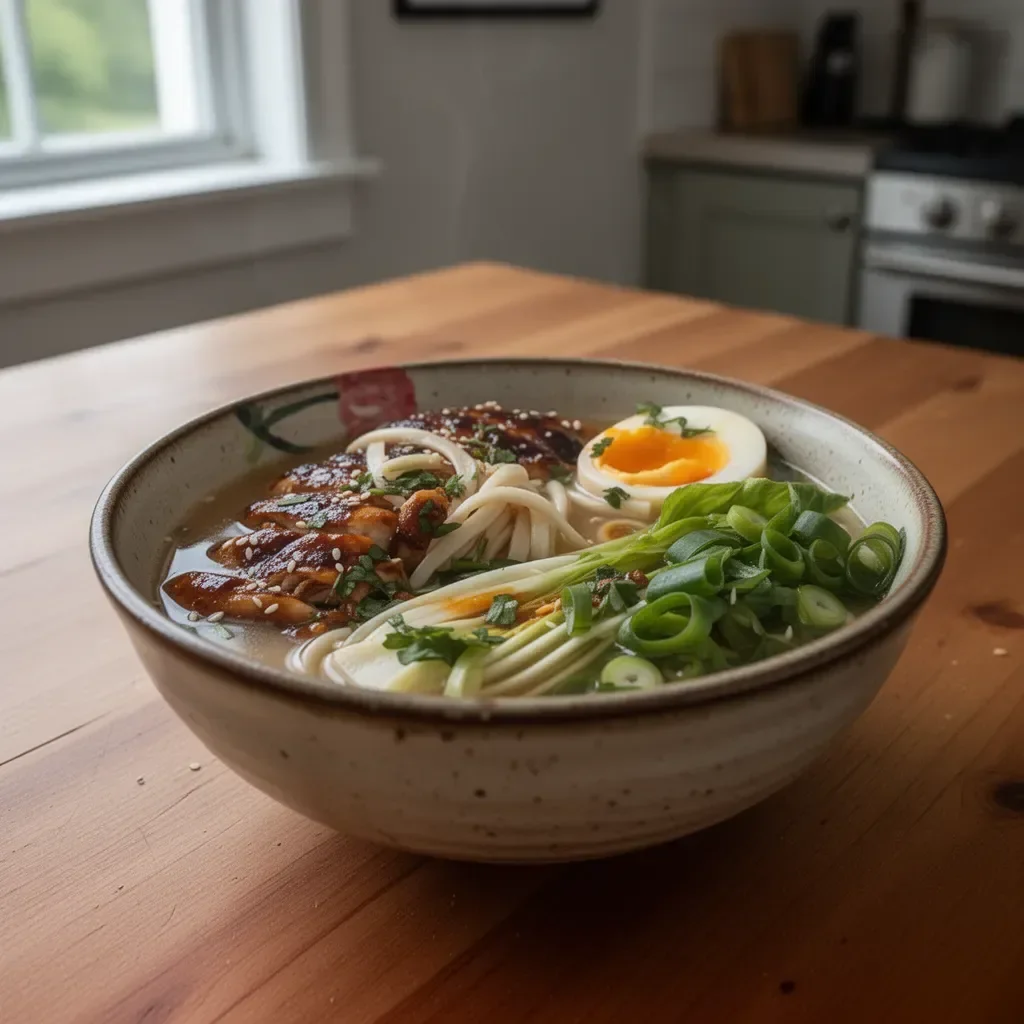 Bowl of Teriyaki Chicken Ramen garnished with fresh vegetables and herbs