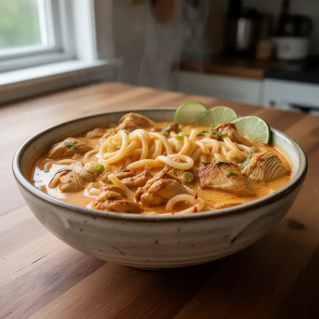 Thai-inspired coconut red curry chicken served with udon noodles.