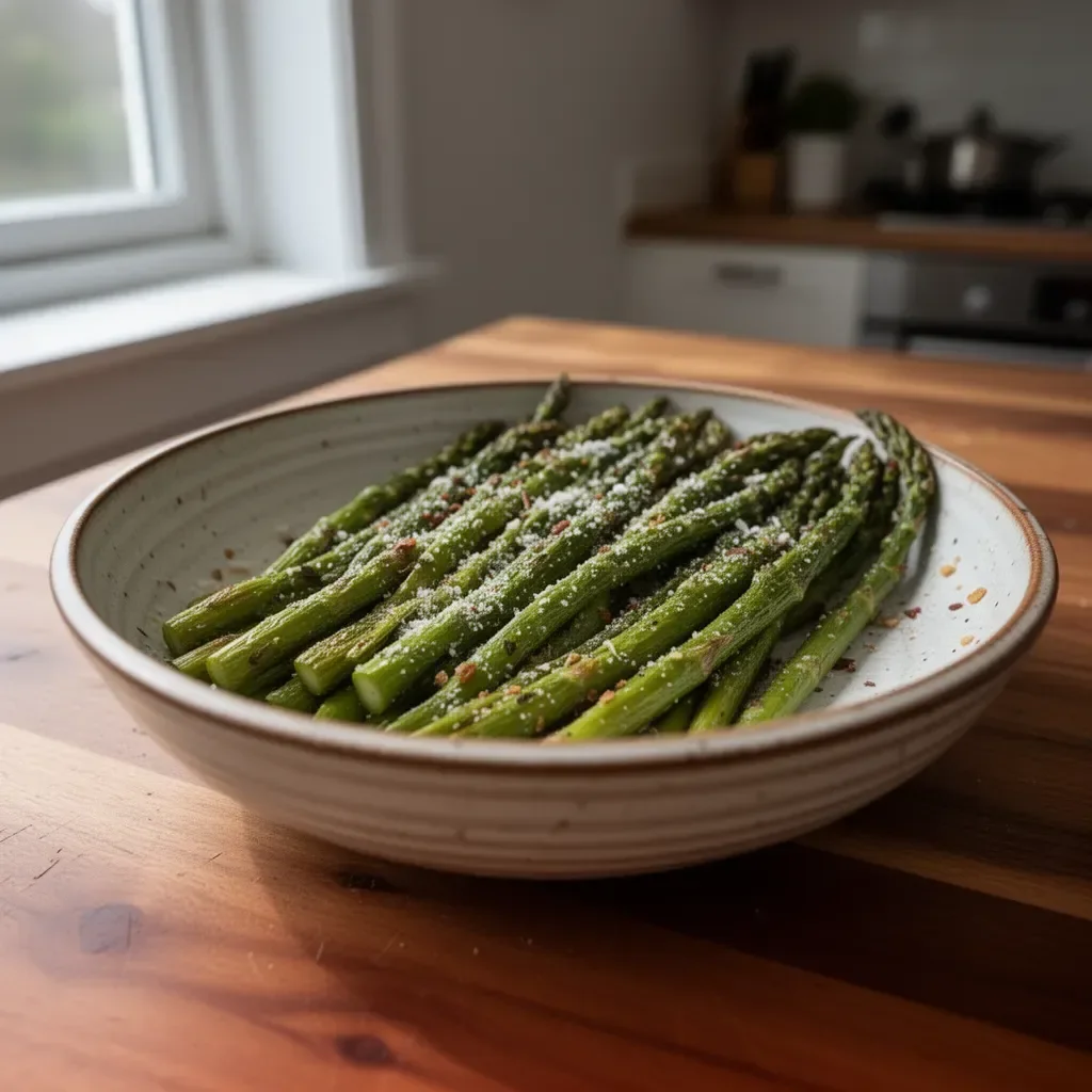 Crispy air fryer asparagus garnished with spices and herbs