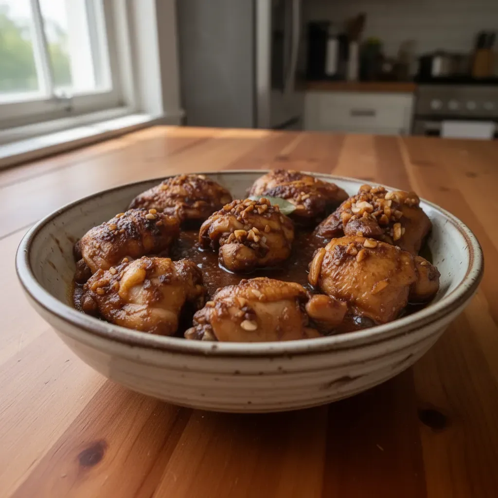 Delicious bowl of Filipino Chicken Adobo featuring tender chicken in flavorful sauce